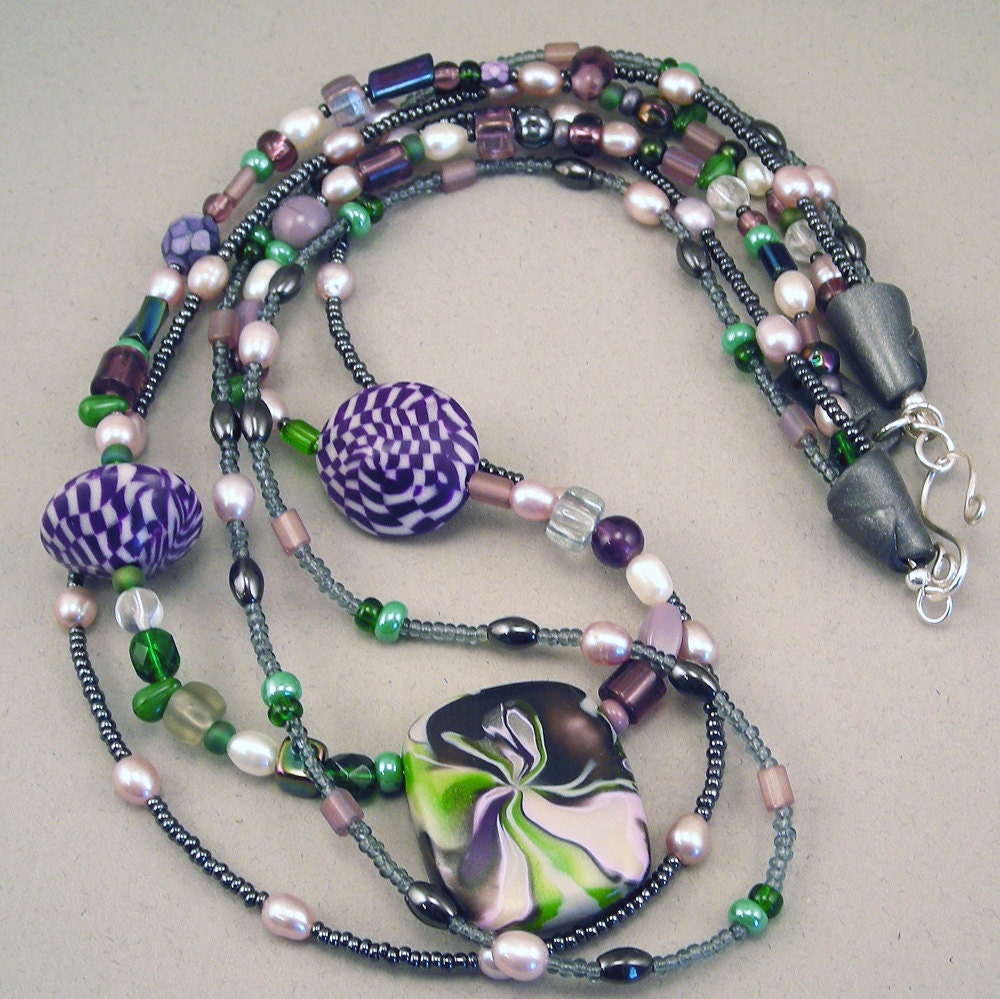 Handmade Choker  - Swirled Purple and Green Beaded 3-Strand No. 115