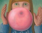 Girl with Gum ORIGINAL PAINTING oil on canvas 12x9 - Free U.S. shipping