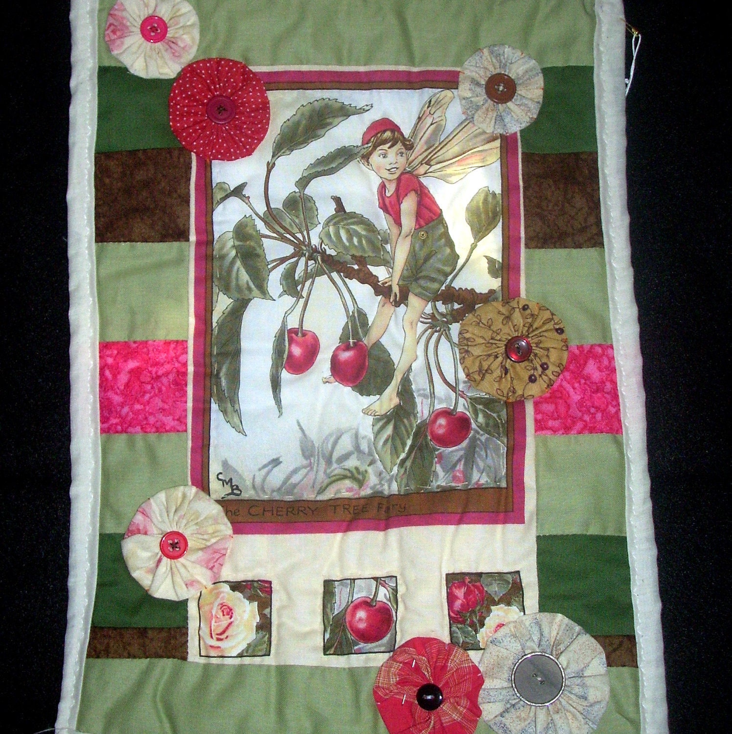 Fairy Cherry Tree Mini Quilt Handmade Cicely Mary Barker Fabric Fairies Bedroom Decor Nursery Wall Hanging Geekery Fantasy Sage Pink