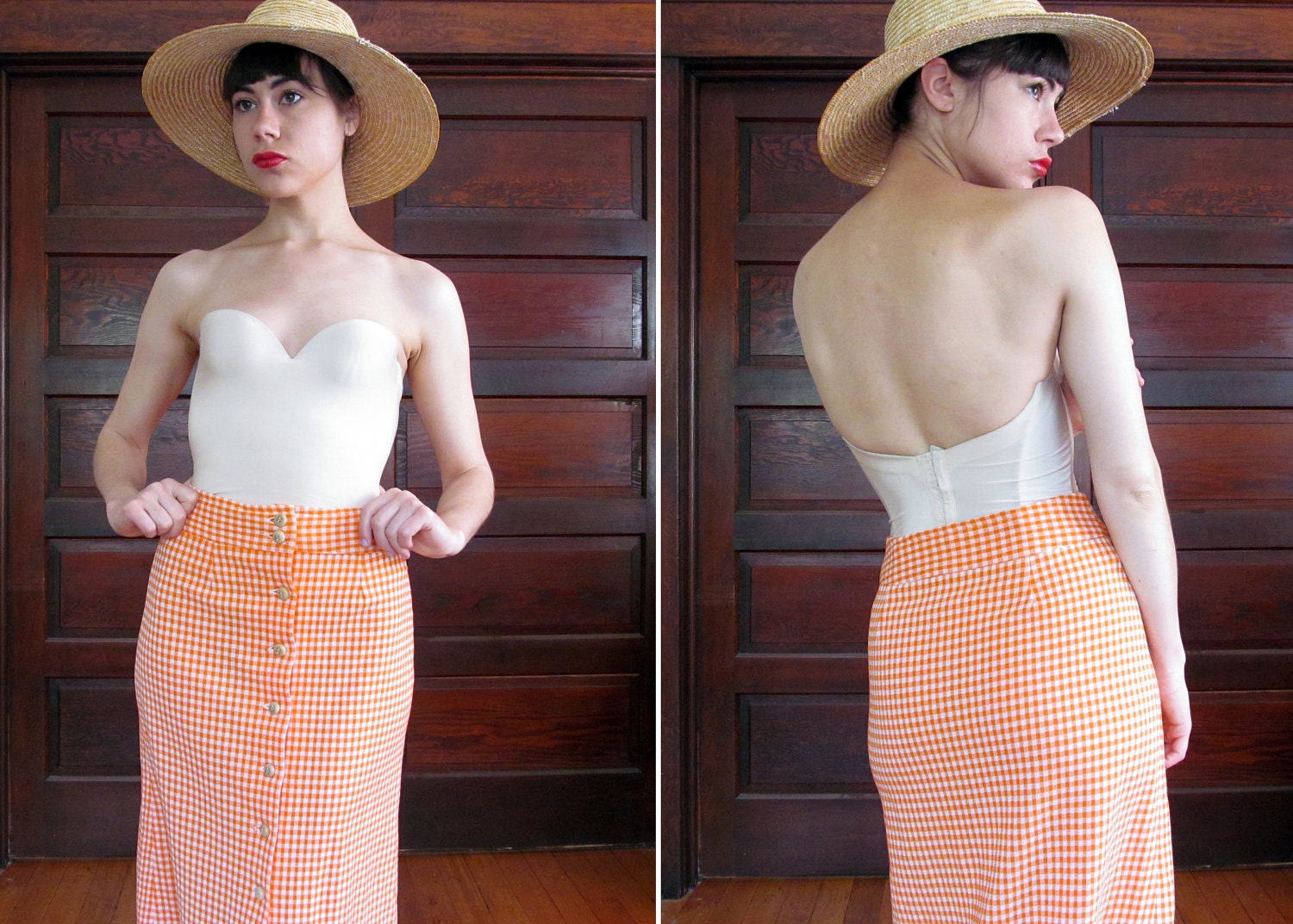 SALE//1970s GLOW GINGHAM Maxi Skirt with Wooden Buttons S
