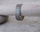 Mens Wedding Band Hammered Silver Bark Ring Rustic Bark Band
