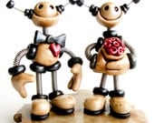 Rustic Robot Wedding Cake Topper MADE TO ORDER Robot Bride and Groom 6 inch - Clay and Wire