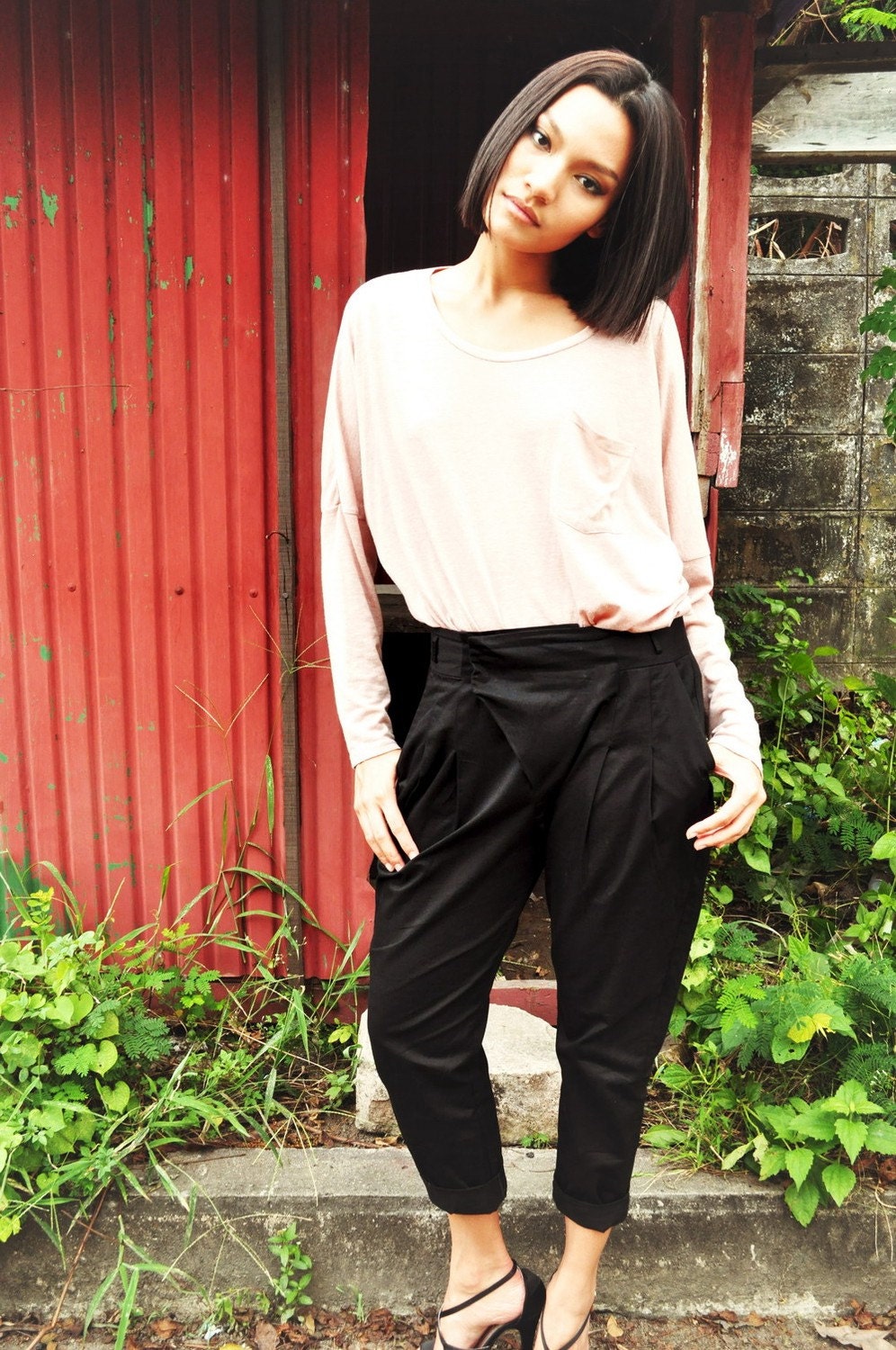 Sale Black Pants High Waist Trousers Draping Bottom 14 L Etsy Spring Fashion Gift