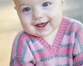 Handknit Baby Sweater, Girls -- Childrens Clothing -- ASPEN STREET -- Pink and Blue Striped V Neck -- Perfect for Spring Baby Showers
