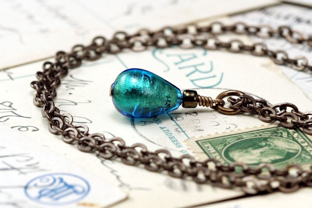vivid turquoise necklace in Venetian Murano glass - iridescent turquoise venetian glass necklace - Murano pendant necklace