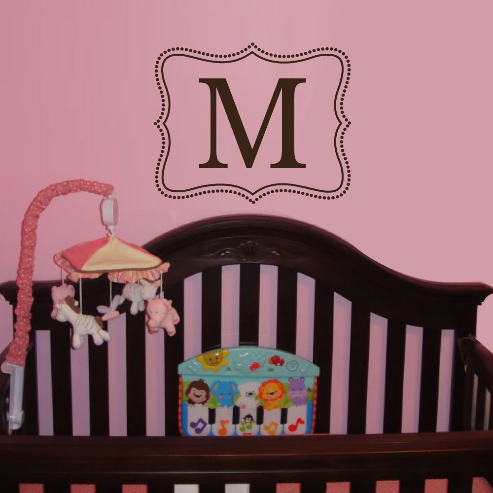 18X22 MONOGRAM INITIAL letter wall decal, dotted Swiss bracket frame, bedroom or baby girl nursery, vinyl lettering (w00921)
