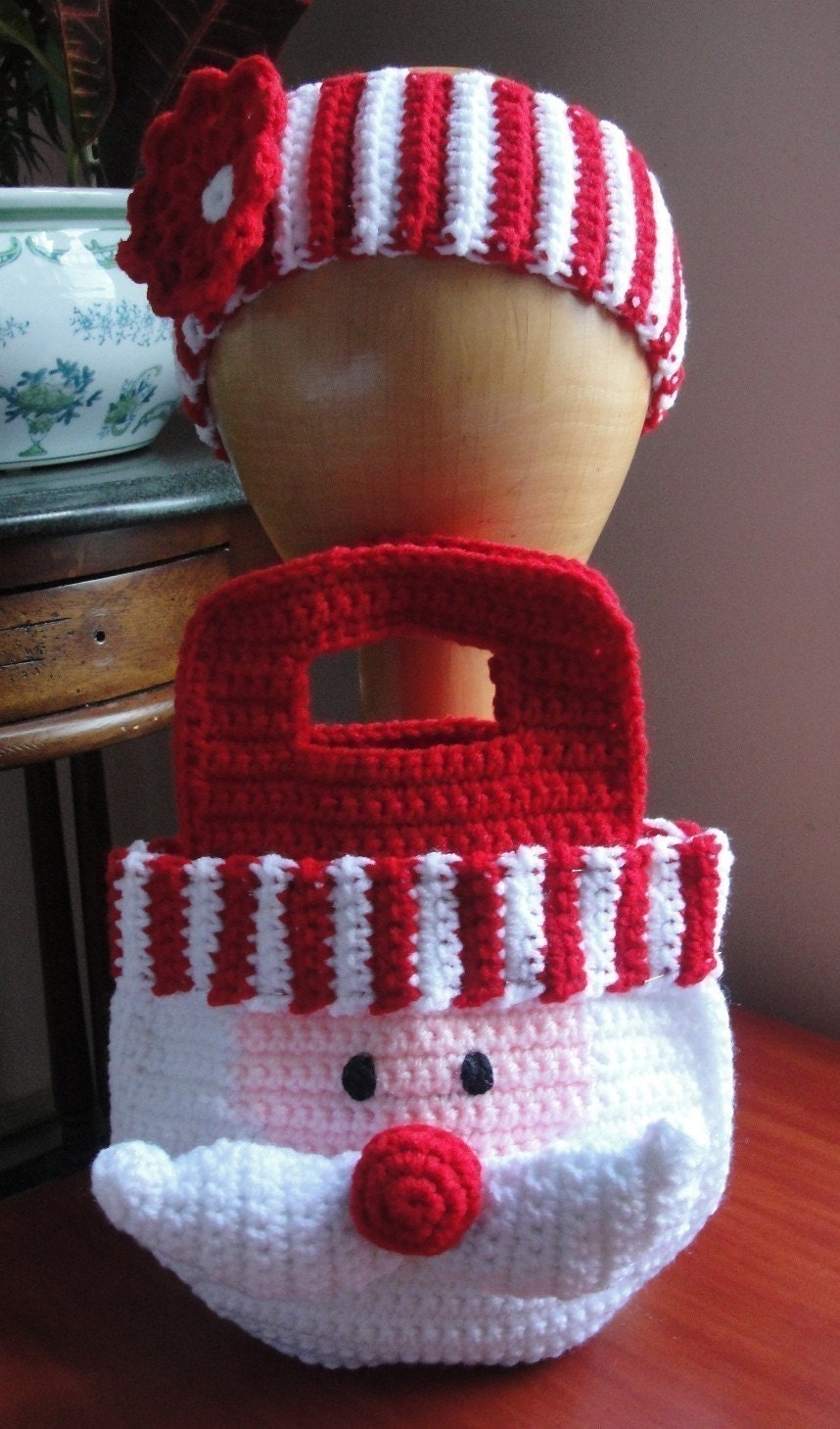 Girl's Santa Crochet Pattern Christmas Purse Bag and Striped Headband with Flower