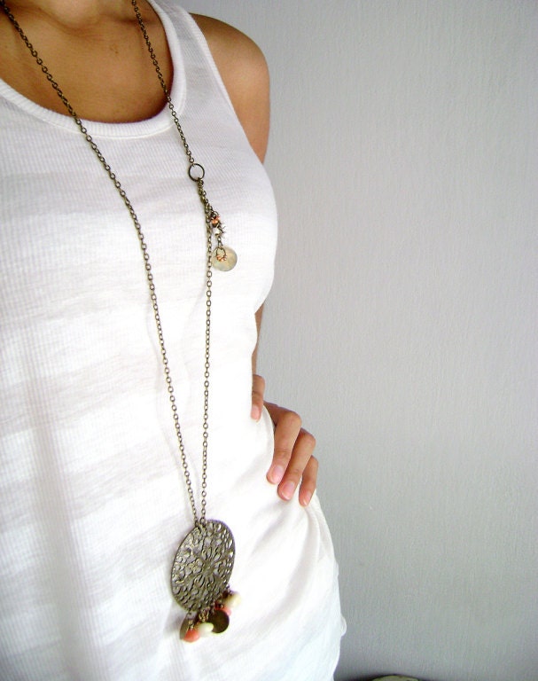 Dazzle up - super long necklace charm pendant natural painted soft peach ivory stones