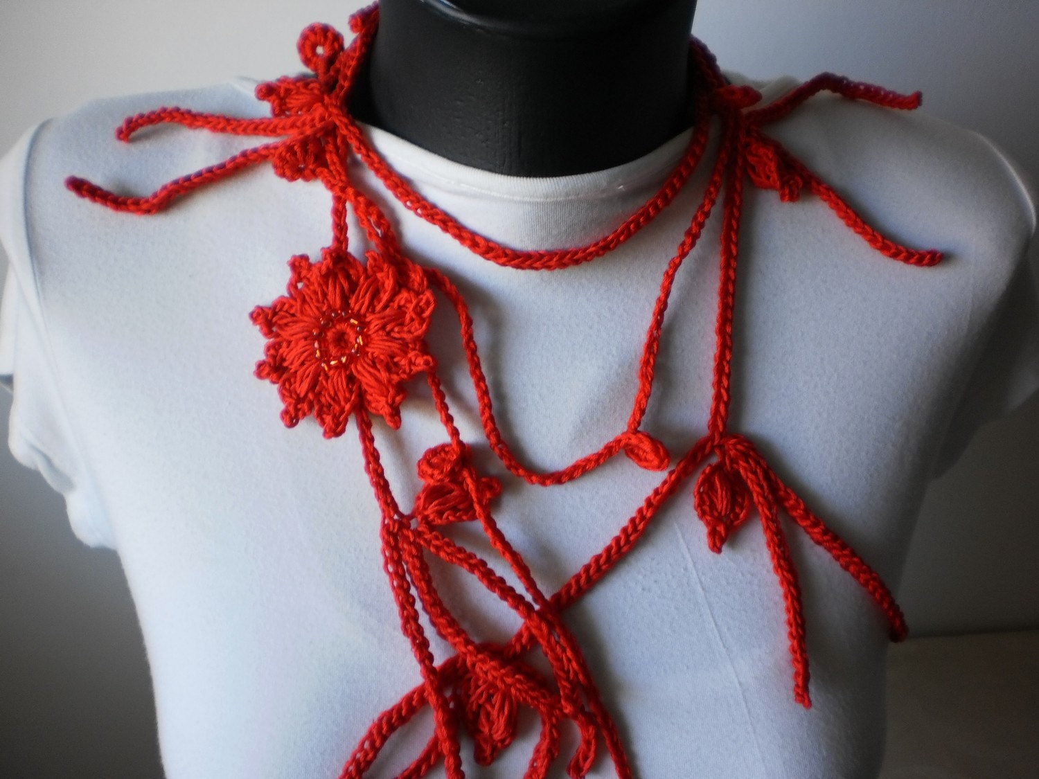 Crochet Jewelry Necklace Lariat Scarf in red