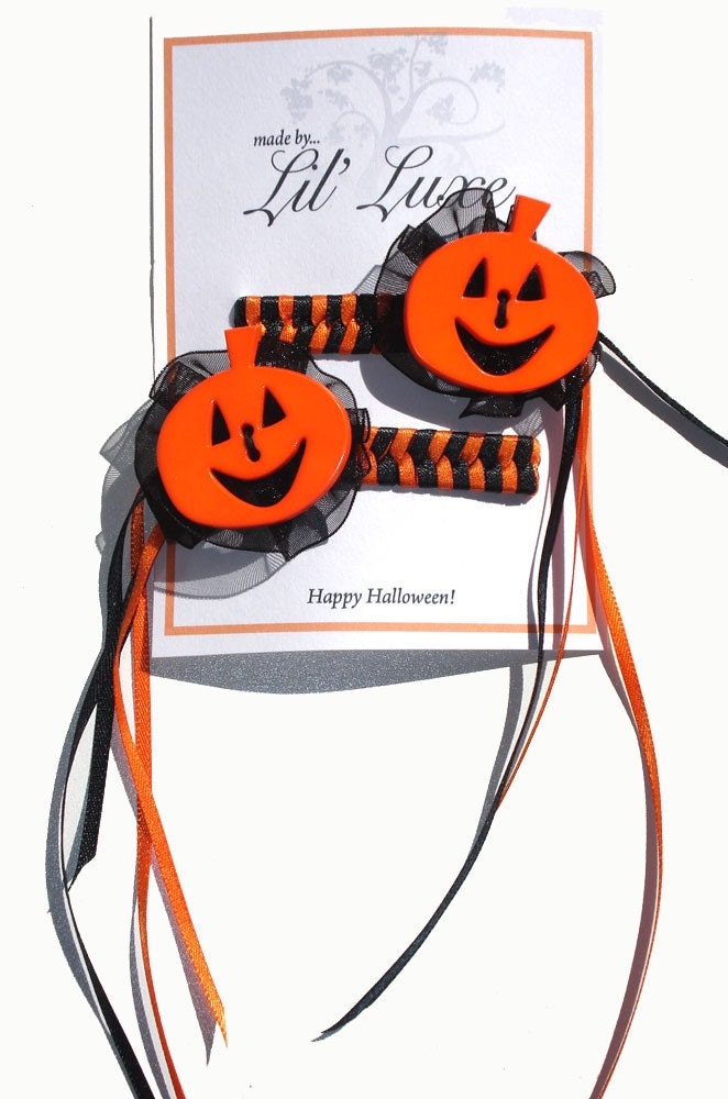 Halloween Masquerade Orange and  Black Hand Woven Pumpkin Hair Barrettes for Girls