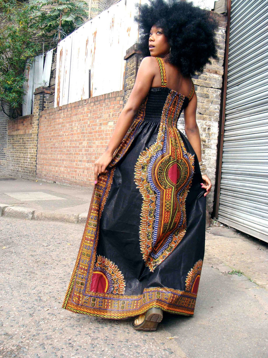 African Dashiki-Print Maxi Dress S/M Black