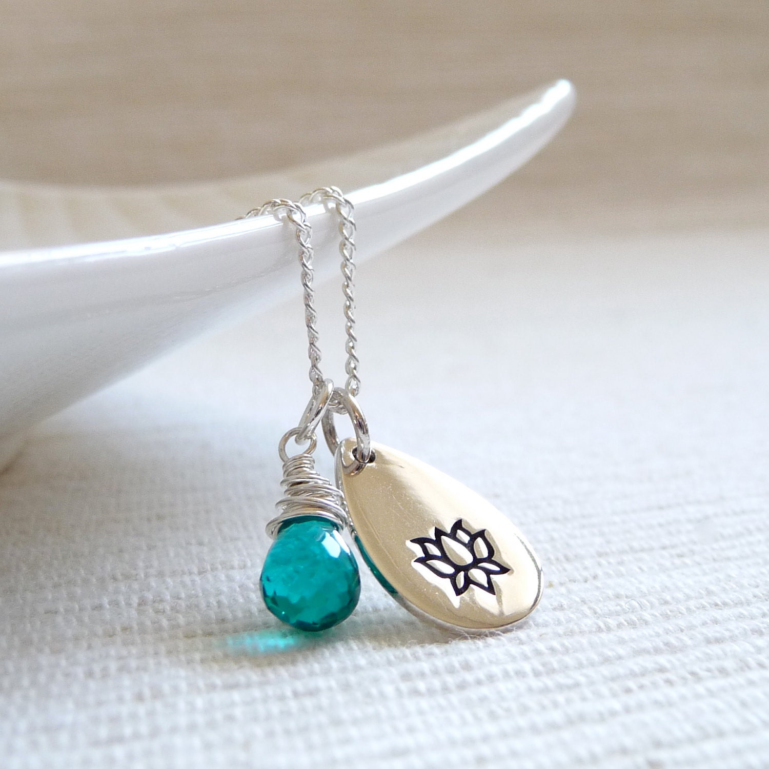 RESERVED for Diana - Lotus Necklace, Teal Quartz Necklace, Yoga Jewelry, Sterling Silver Charm Necklace
