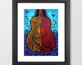 Cinco de Mayo Peace Guitar Print Artist Signed and Framed Music Peace Sign Treble Clef Paisley Red Yellow Blue Purple Black Birds Rock
