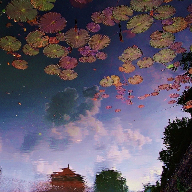 Pagoda Dreams - 8x8 Surreal Bali Lake Lotus Leaf Fine Art Photography -  Beautiful Zen Nature Picture Decor for Home & Office