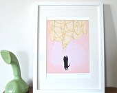 Jumping Black Cat - Illustration Print, Nursery Decor 8"x12"