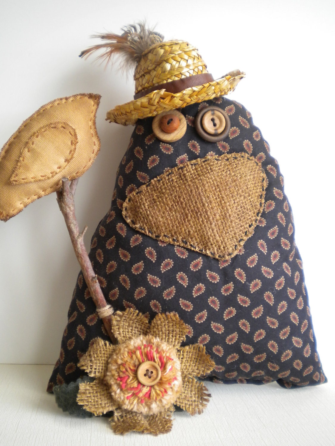 CROW - Primitive Bird - Art Doll - Quirky - Soft Sculpture - Folkart Animal - OOAK - Black Bird - It's Five O'clock Somewhere -       T-BONE