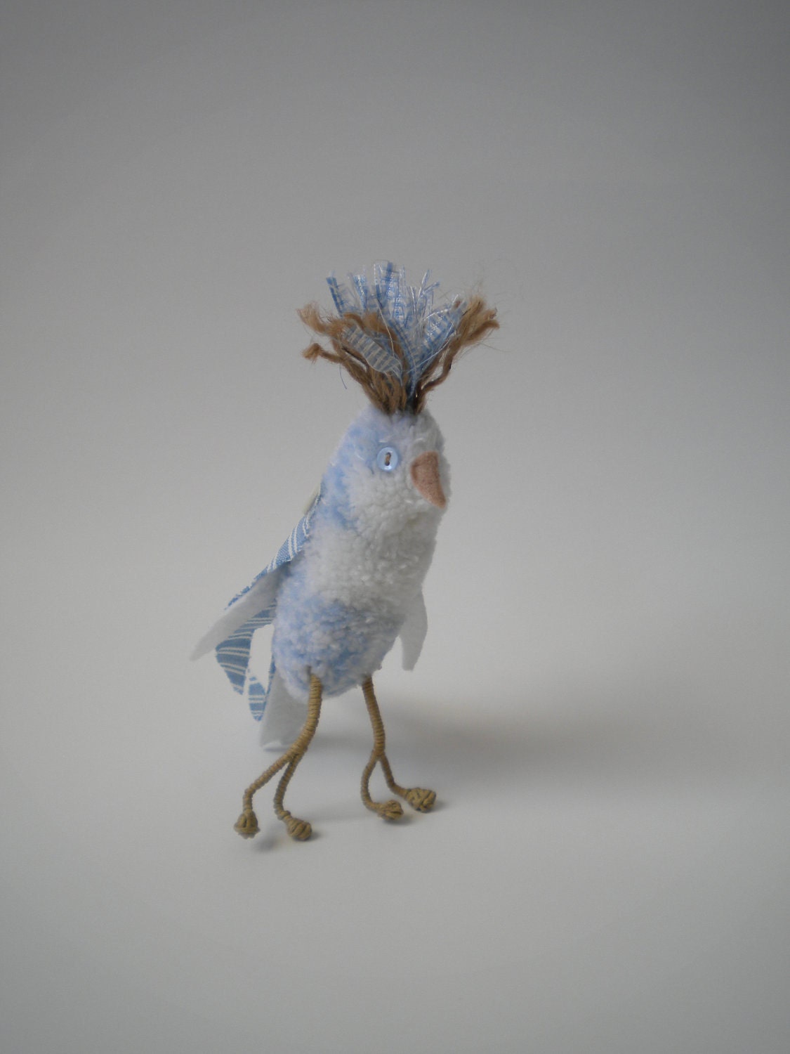 BIRD - Art Doll - Blue Bird - Soft Fiber Bird - Quirky Sculpture - Animal - Blue and White - OOAK - Flat Footing Freud