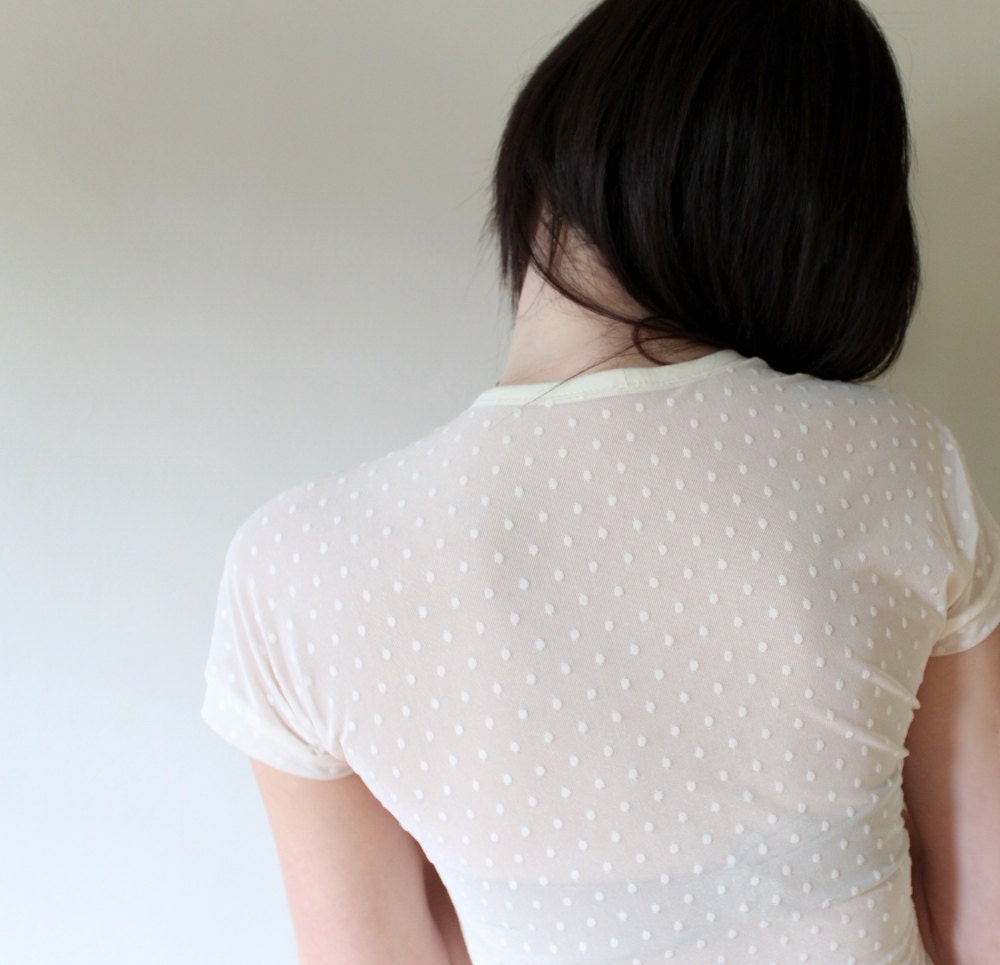 Sheer v-neck shirt - cotton jersey with deep vneck cut, polka dots feminine spring ivory neutral - small