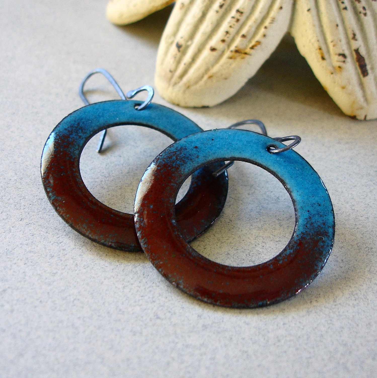 Clearance sale, Enamel Earrings, Blue and Brown Hoops with Oxidized Sterling Ear Wires