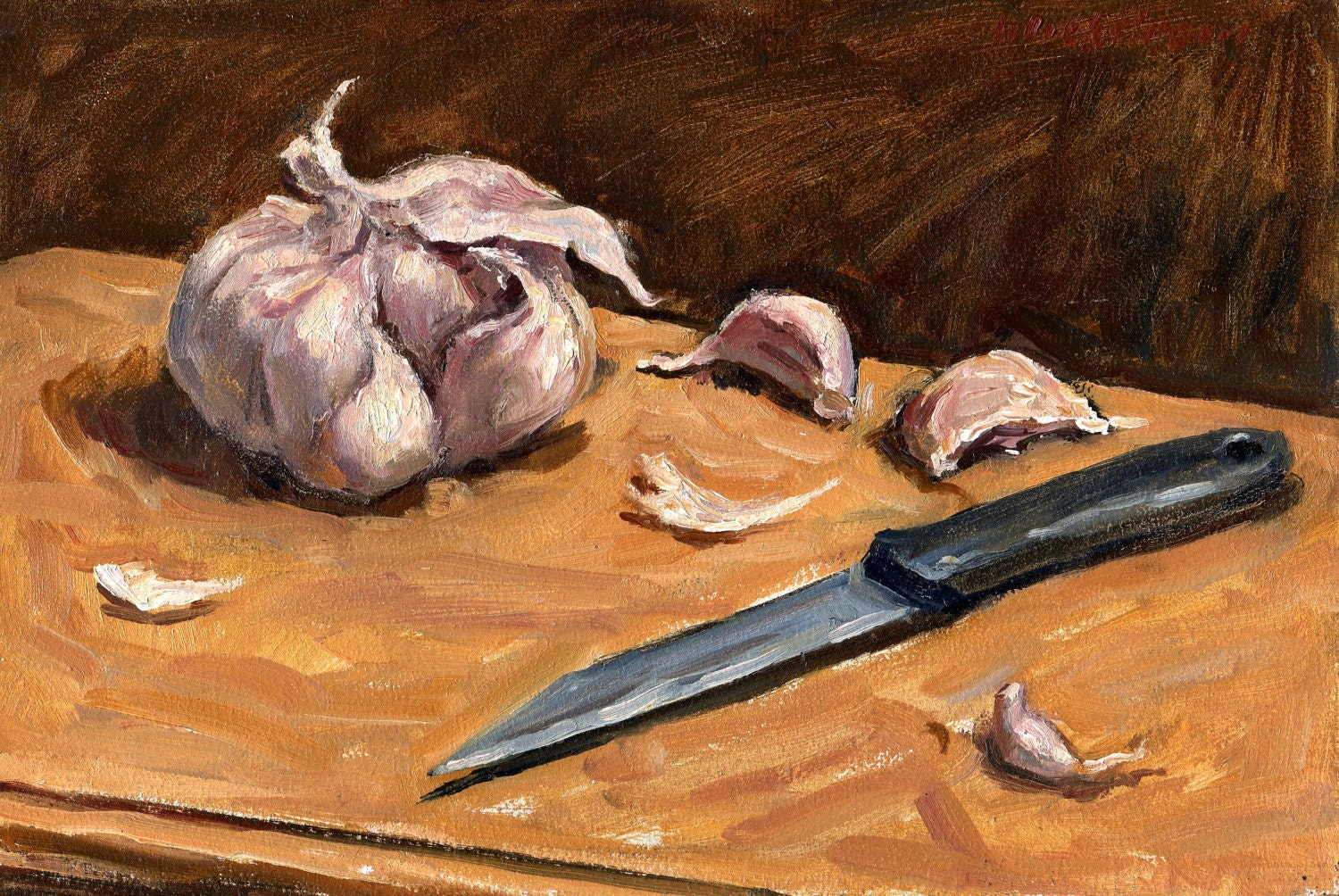 Still Life Painting Garlic and Knife. Original by wickstromstudio
