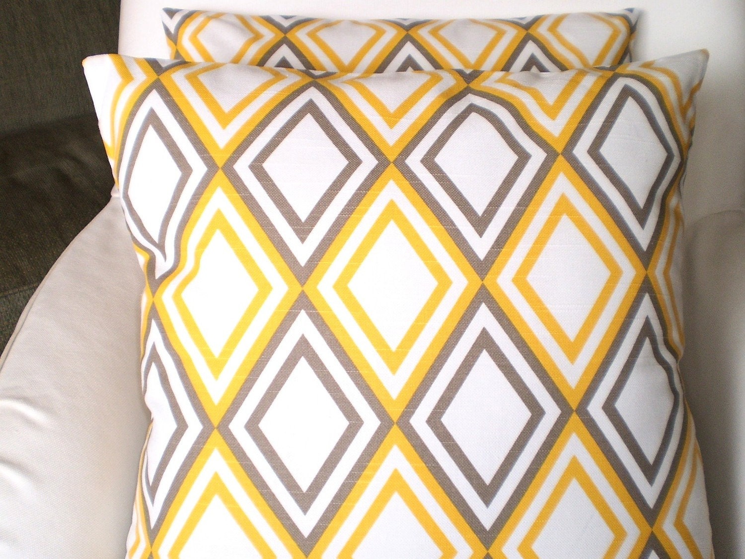 Pillows Decorative Pillows Accent  Pillows Throw Pillow Cushion Covers Yellow Taupe White Diamond Annie BOTH SIDES - Pair of 18 x 18