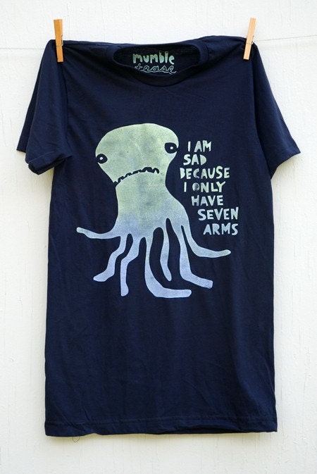 Sad Seven-armed Octopus Mens T-shirt - hand printed, silk screened shirt