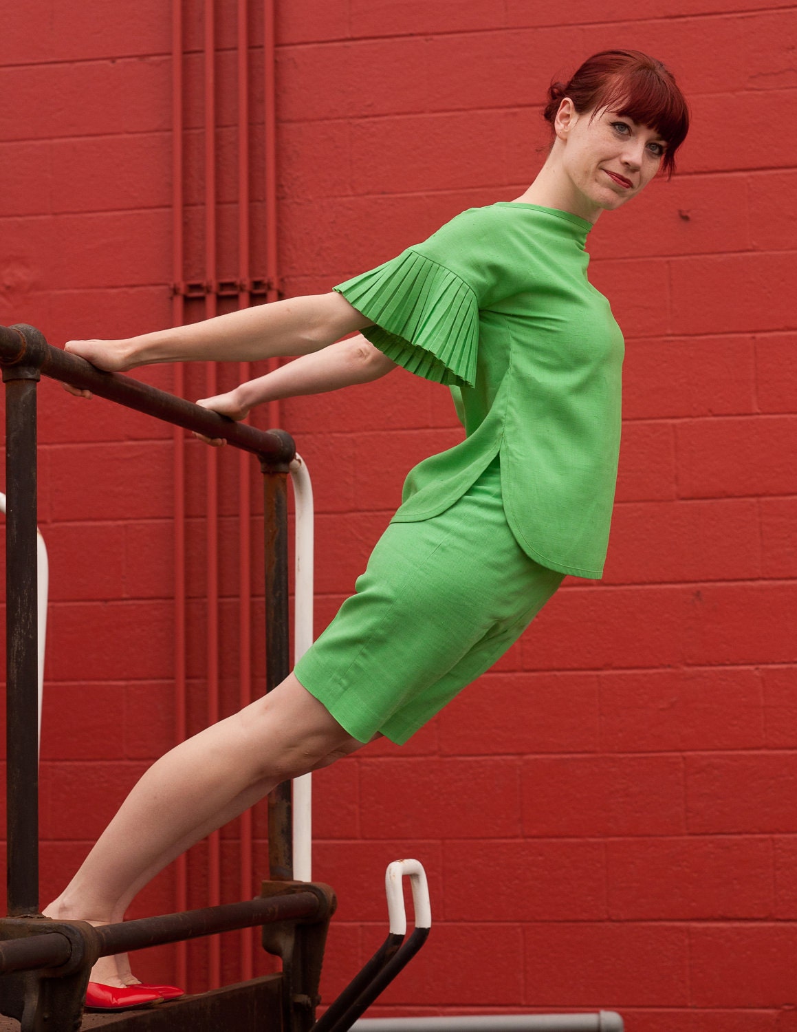 RESERVED Vintage 1960s Green Linen Playsuit Shorts Pleated Top Summer Fashions