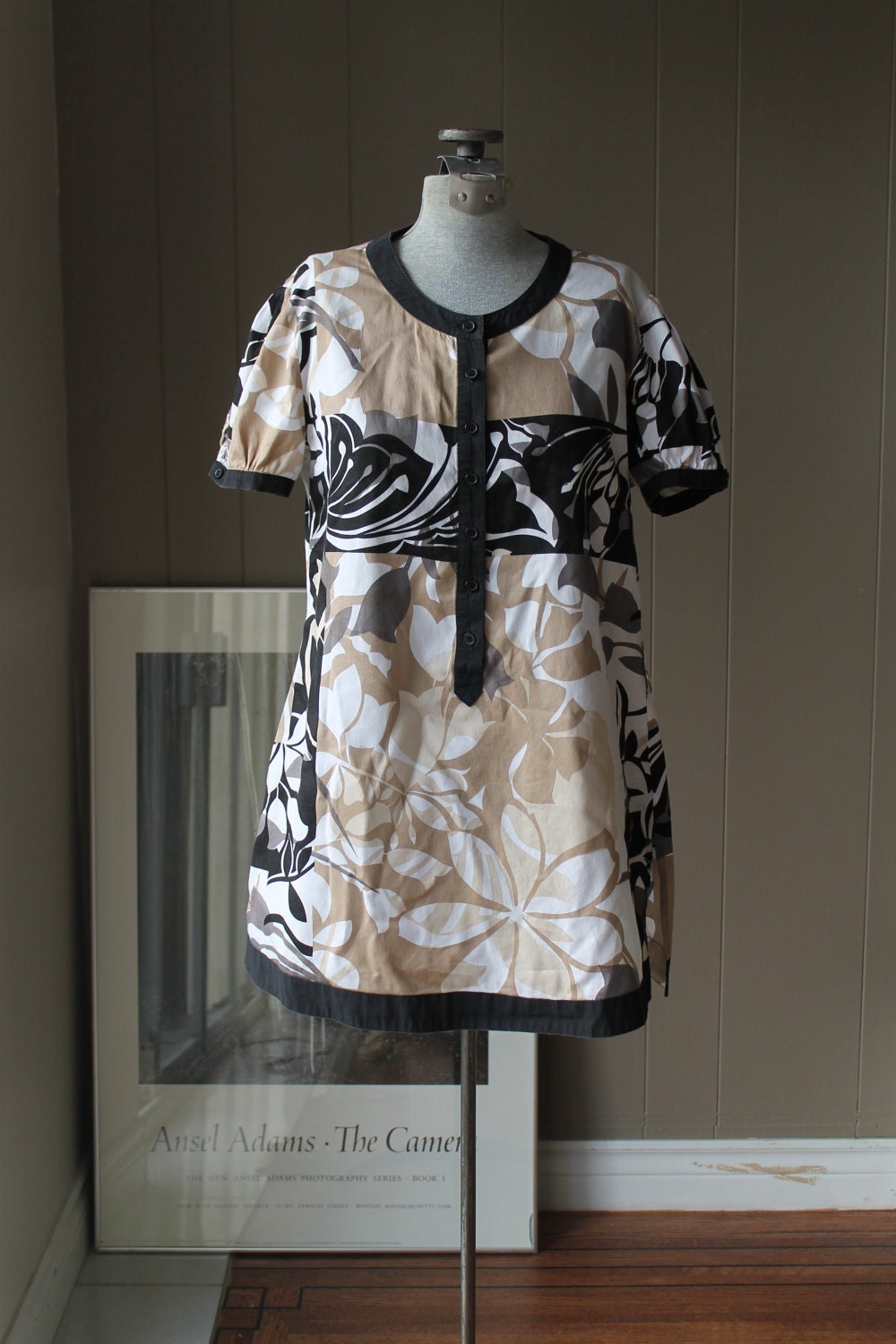 90s Cotton Tunic / Op Art Print Dress /  Black and Tan Print Shirt / Medium