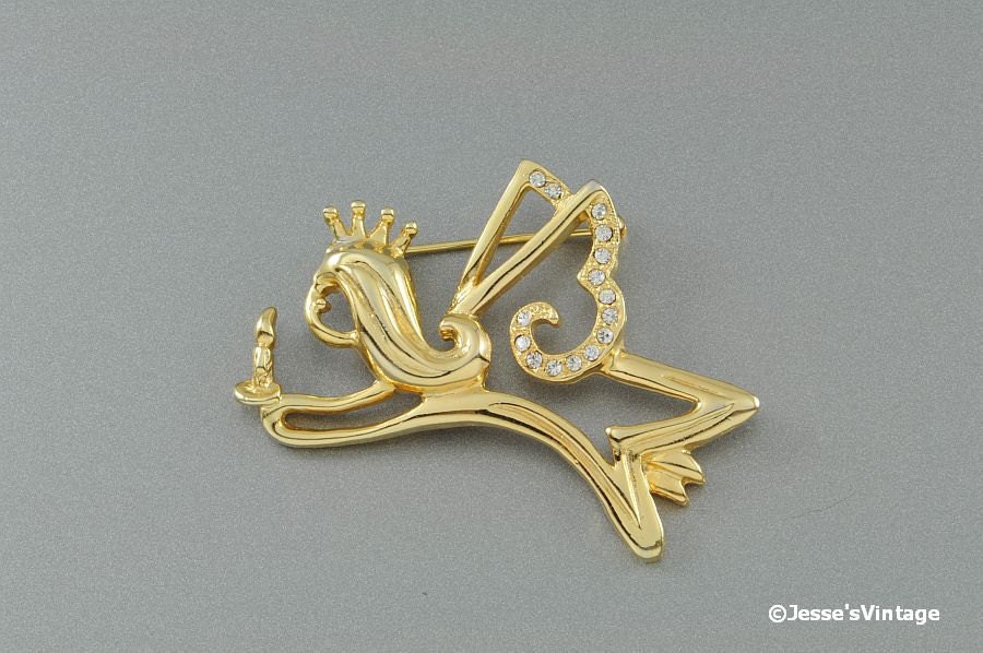 Angel Brooch Pin In Flight w Rhinestones & Candle