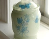 Vintage Butterfly Jar / Blue Green / Glassware / Lided