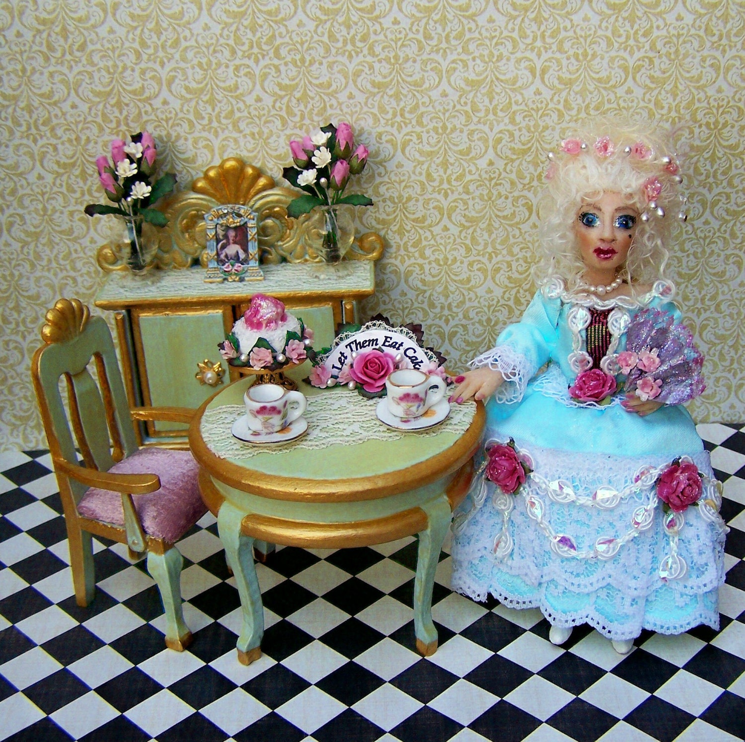Dollhouse Miniature Marie Antoinette let them eat cake hand-sculpted doll and furniture set Layaway Available