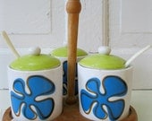 Vintage Condiment Caddy-Sauce Dishes-Midcentury Mod-Olive Green and Blue  from Tessiemay
