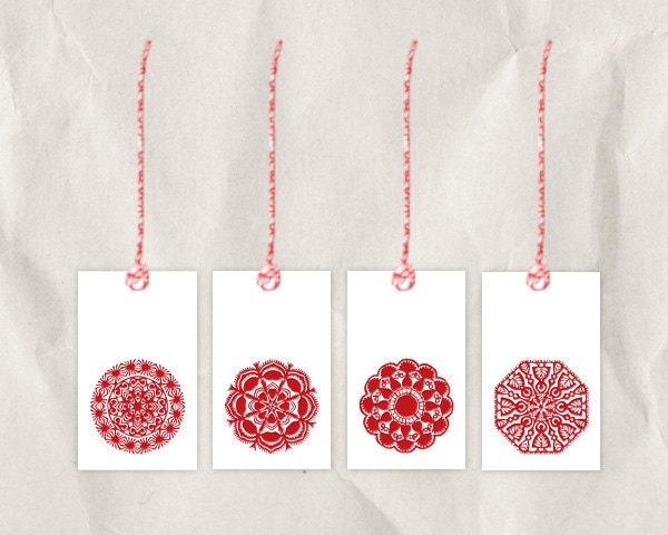 red snowflake tags, set of 4, mandala art diy tags, 8.5x11 holiday tag, crimson christmas gift tags, printable tags, digital graphics, label - bialakura