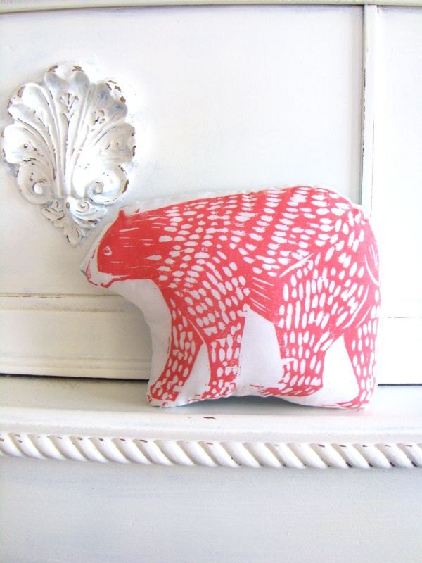 Plush Bear Pillow in Coral. Woodblock Printed. Customizable Colors.