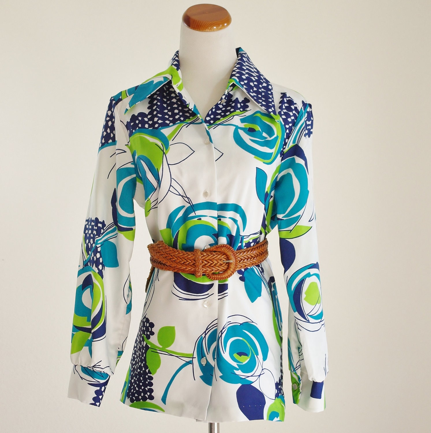 Vintage 70's Psychedelic Blouse -- Funky Geometric Button Down -- Large/XL