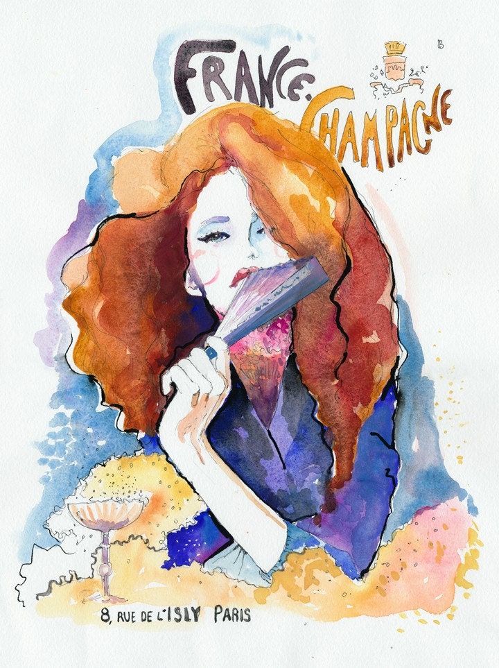 Print of Watercolor Painting, Fashion Illustration. Title - French Champagne
