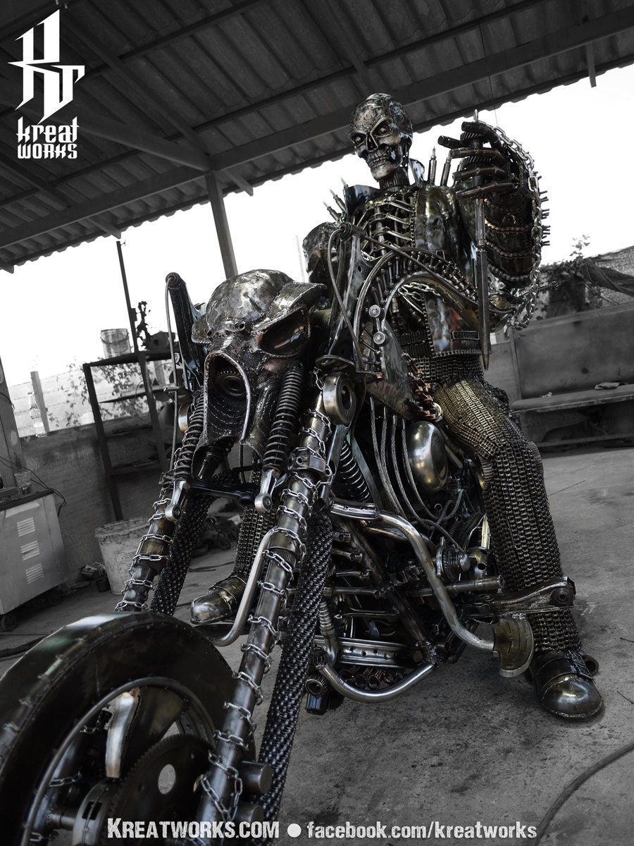 Metal Sculpture - Recycled Metal Skull Rider ( Large item )