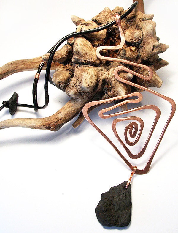 Raw Hammered Copper Geometrical Pendant - Black Lava Stone - Leather Necklace with Handmade Stone Closure - Orange Black Fall Fashion