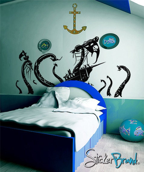 Vinyl Wall Decal Sticker Pirate Ship Attack by Octopus  GFoster166B