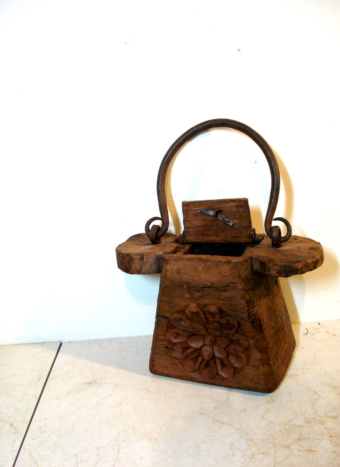 Vintage European Handcarved Wooden Oil Pot