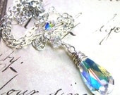 Wire Wrapped Teardrop Crystal Pendant in Crystal AB - Sterling Silver and Swarovski Crystal Necklace - Free Shipping