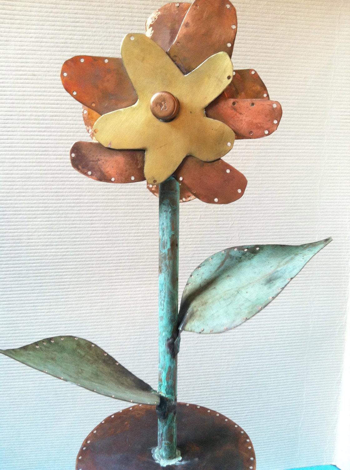 Valentine Flower Jewelry Stand. Brass & Copper Patina Flower with wood turned base Jewelry Display Fixture Holder