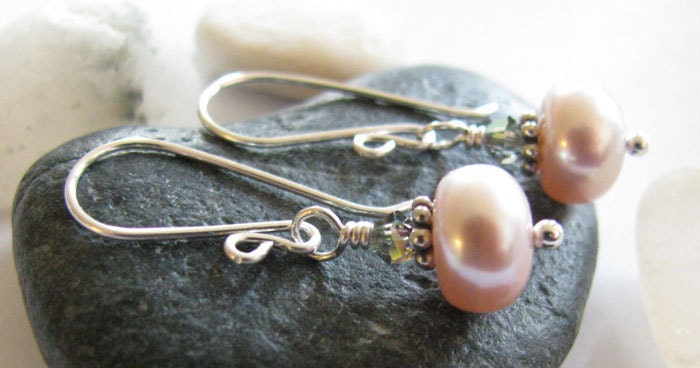 JUNE Pink Freshwater Pearl and Black Diamond Swarovski Sterling Earrings : June Birthstone