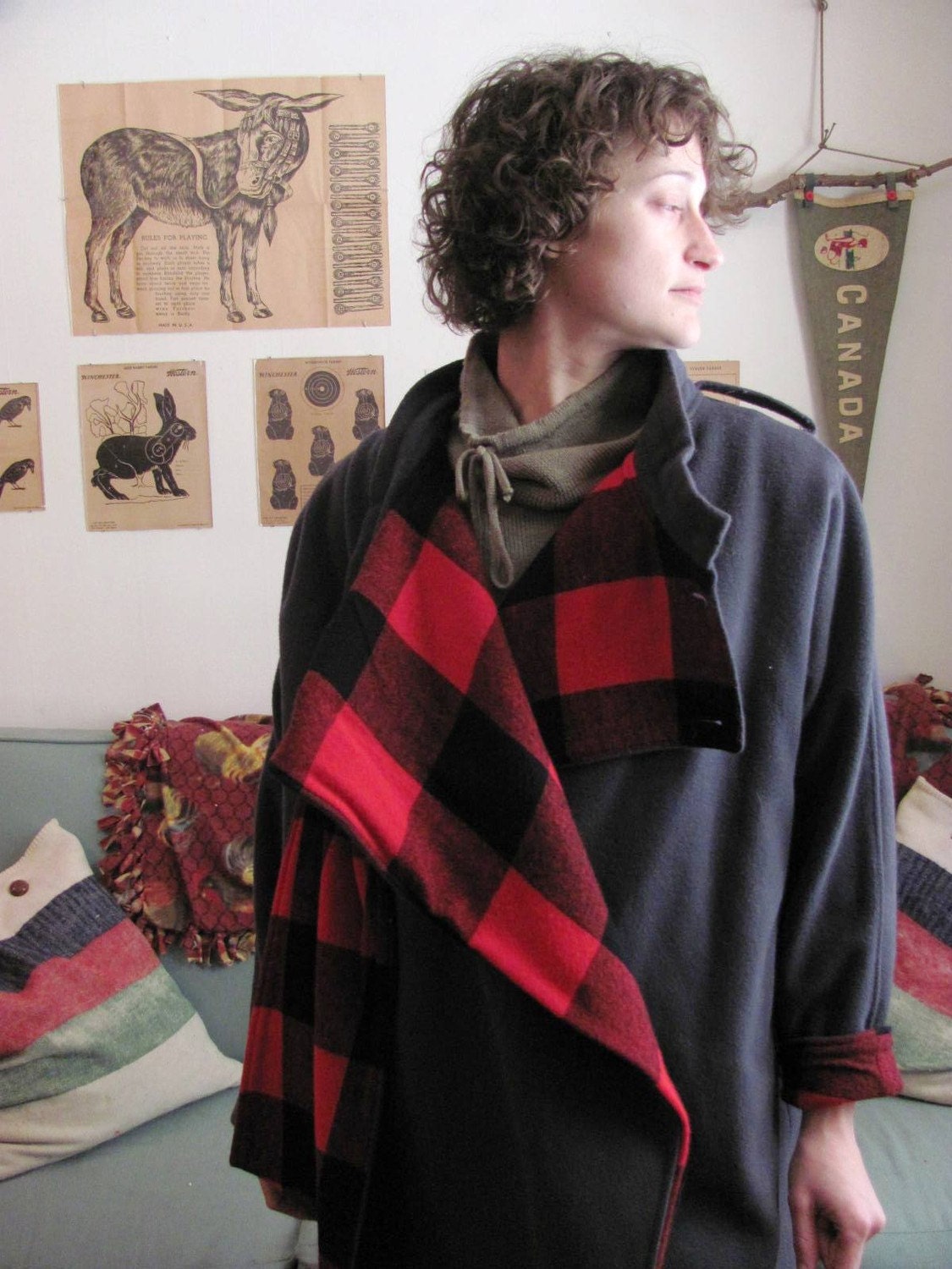 HUNTED or HUNTER Red Hunters Plaid Lining on Gray Funnel Neck Cashmere Jacket Small Medium Large - thebadtwin