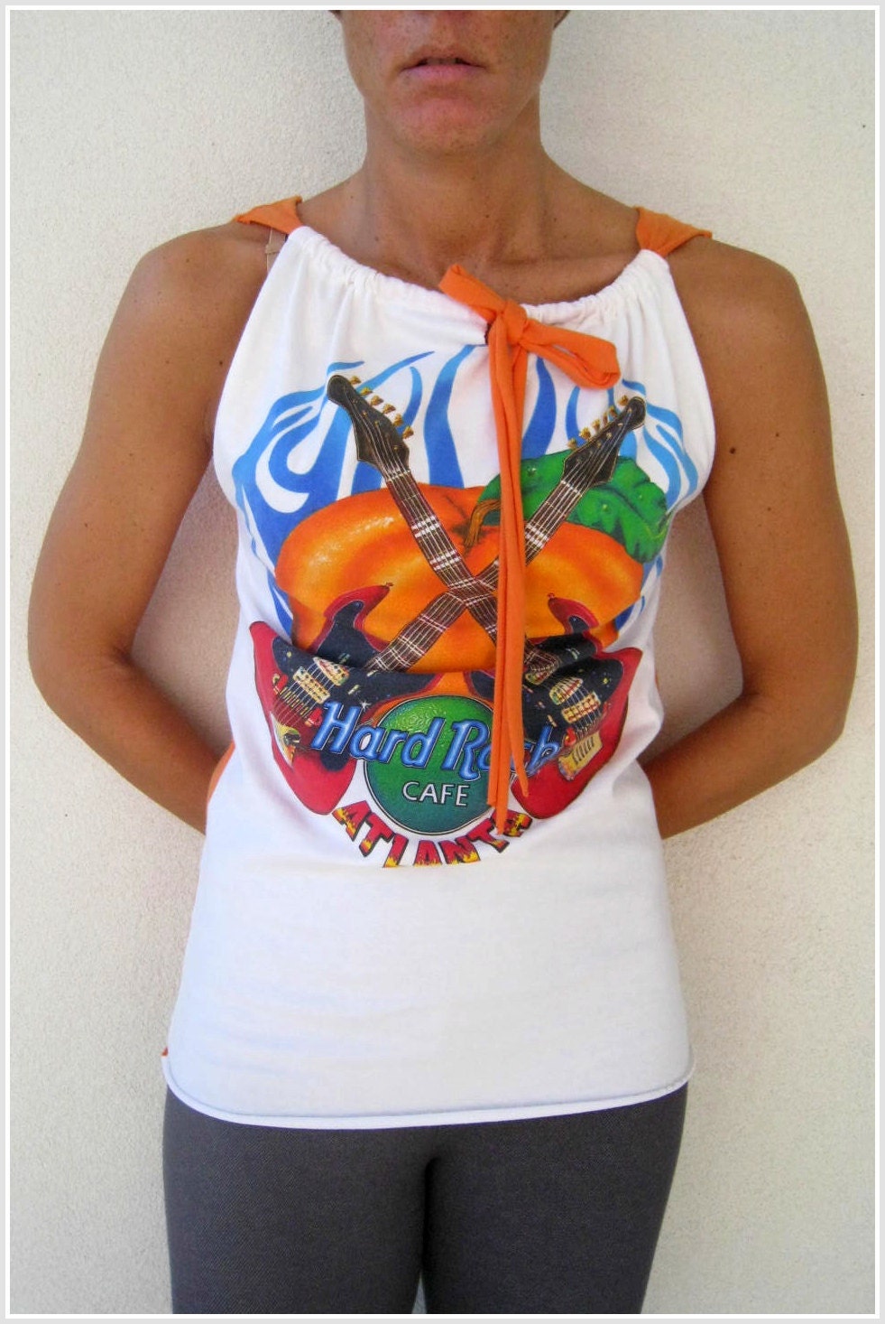 Repurposed T Shirt / Tank Top / Hard Rock Cafe / Atlanta / Georgia / XS - S / Girls / Tangerine Orange White / Summer / Vacation / ohzie