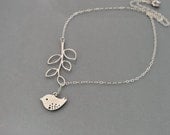 Bird Branch Necklace, Lariat, sterling silver chain, delicate leafy, dove, everyday jewelry, wedding gift,  by balance9