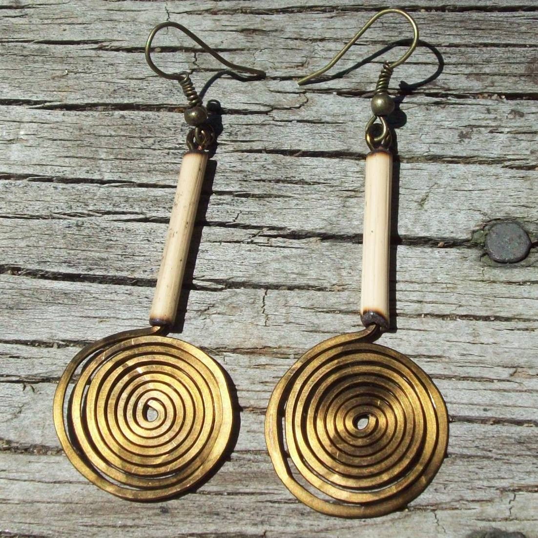 Spiral Tribal Earrings - large - antique wire wrapped - hammered - bamboo bead