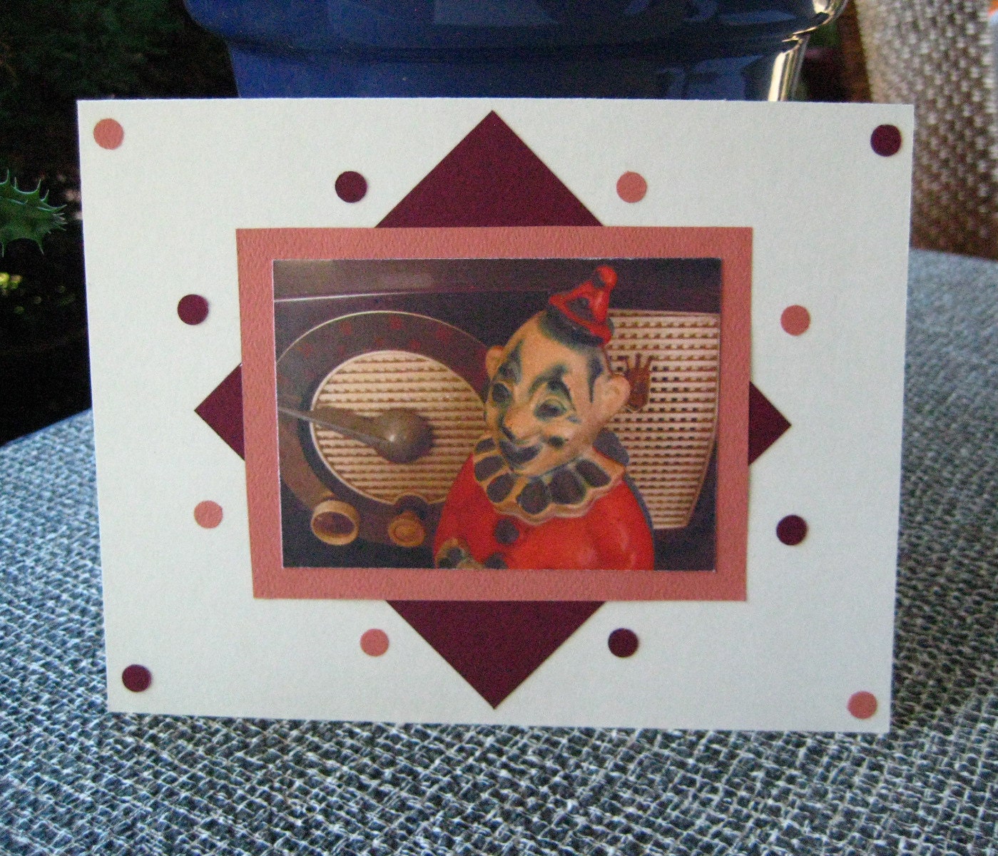 Handcrafted Greeting Card/ Creepy Clown/ Vintage Radio