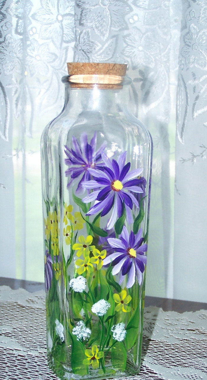 Glass Bottle with Purple / Yellow Wildflowers