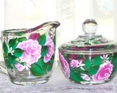 Cream and Sugar Server Set Hand Painted Pink Roses